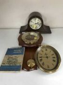 An oak mantel clock, two wall clocks,