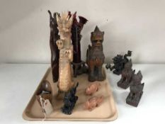 An early 20th century oak and chrome tray, tray of carved Eastern figures,