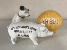 A cast metal HMV money box together with a Shell money box and DW Molands Quaker City Hams