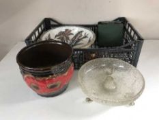 A basket of West German plant pot, glass epergne base, BP pump etc,