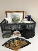 A basket of assorted china and glass ware - antique teapot, Jasperware, Cauldron tureen,