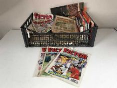 Three boxes of hardback books, comics and magazines relating to football - Rover, Shoot,