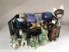 Two baskets and a box of china, tribal art, West German vase, pottery dragons, plaques,