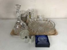 A tray of lead crystal water jug, decanter, cut glass serving bowls and vase,