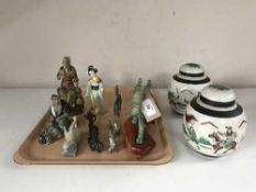 A tray of metal dragon ornaments, pair of Chinese lidded ginger jars,