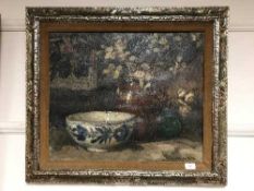 Alfred Joseph Auguste Van Neste (Belgian 1874-1969) : Still life with with pottery on a ledge,