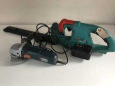 A Bosch cordless electric hedge trimmer and a Black & Decker grinder