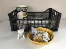 A crate of assorted china - pair of wall plaques, Coalport dish,