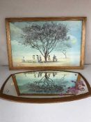 A mirror on teak board, framed pastel by J WIlson,