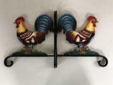 A cast metal bell with wall bracket - Cockerel together with another wall bracket