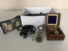 A box of trinket boxes, plated cutlery, opera glasses, pipe,