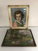 Six framed wool work panels