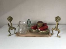 A tray of silver plated heart shaped mirrored stand, brass fire dogs, Victorian glass dump,