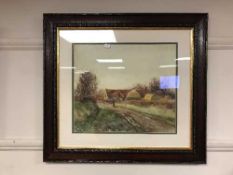 Attributed to Robert Jobling : figure on a country lane, watercolour, initialed RJ, 35 cm x 41 cm,