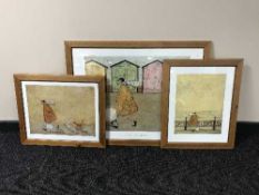 Four pine framed Sam Toft prints and a print of a cornfield