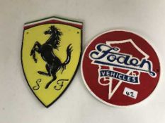 Two cast metal plaques - Foden Vehicles and Ferrari