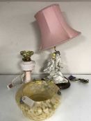 An Art Deco glass light fitting together with a cut glass table lamp with shade,