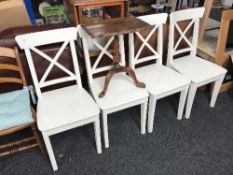 Four painted dining chairs and a walnut pedestal wine table