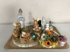 A tray of Pendelfin stand and five rabbits, Spanish figures, Adderley bird,
