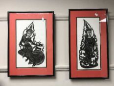 A pair of Eastern silhouette pictures, 18 cm x 40 cm, both parts framed.