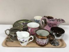 A tray of copper lustre ware - King George jug, Dickens mugs,