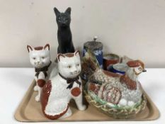 A tray of Austin sculpture of a Persian cat, Wedgwood jasper ware, antique mug,