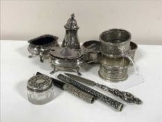 A group of silver to include napkin rings,