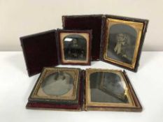 Three Victorian daguerreotypes and a miniature portrait of a lady