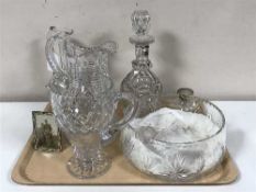 A Georgian crystal decanter, a Victorian pitcher, crystal bowl,