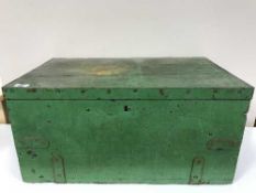 An antique painted pine box with metal fittings