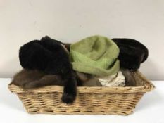 A basket and box of thirteen lady's hats - fur etc