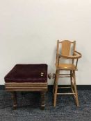 A late Victorian adjustable piano stool together with a doll's high chair