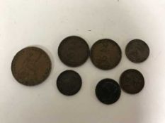 Seven 1850 British copper coins inc.