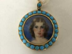 A yellow metal, turquoise and diamond set locket,