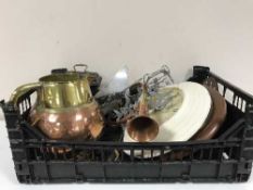 Two crates of 20th century glass ware, metal animals, mantel clock, bugle,