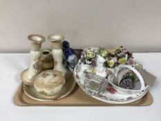 A tray of Maling wall pocket, china flower posies, china dressing table set,