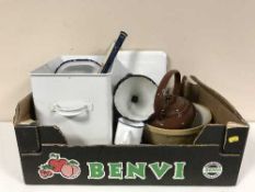 A box of enamelled kitchenalia, mixing bowl,
