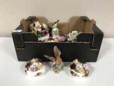 Three boxes of china flower posies, Goss pieces, part Minton tea service,