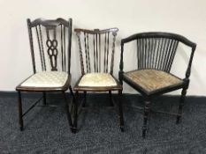 An early 20th century elbow chair and two bedroom chairs