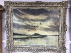 Robert Jobson : Greylags over a river, oil on canvas, signed, dated '51, 40 cm x 50 cm, framed.