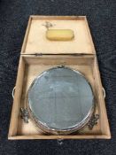 An impressive silver plated mirrored wedding cake stand in wooden box