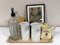 A tray of vintage water siphon, set of cultured pearls, Wade whiskey jugs,