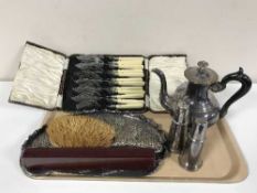 Two trays of EP flatware, teapot, cased knives,