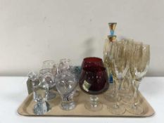 A tray of decorative figures, crystal paperweight, Caithness glass vase, Brandy glasses,
