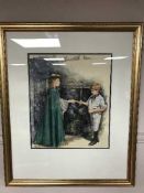 Melvyn Warren-Smith : A lady handing a letter to a young boy, an illustrator's watercolour,