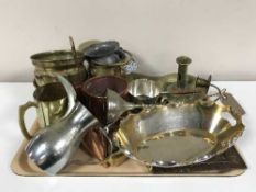 A tray of brass and copper ware, copper plaque, candle snuffer,