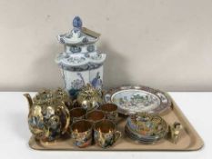 A tray of hand painted Chinese wall plate and Oriental style lidded jar in form of a pagoda and
