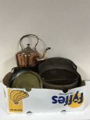 A box of antique copper coal bucket, copper kettle, brass trays,