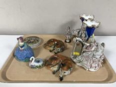 A tray of pair of china figures of foxes, Prattware pot lid, Dresden porcelain figure,