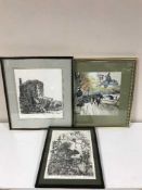 A box of cased Olympia Splendid 33 typewriter, framed pictures inc.